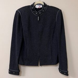 VINTAGE ST. JOHN BY MARIE GRAY KNIT JACKET - LEATHER TRIM - DARK GRAY